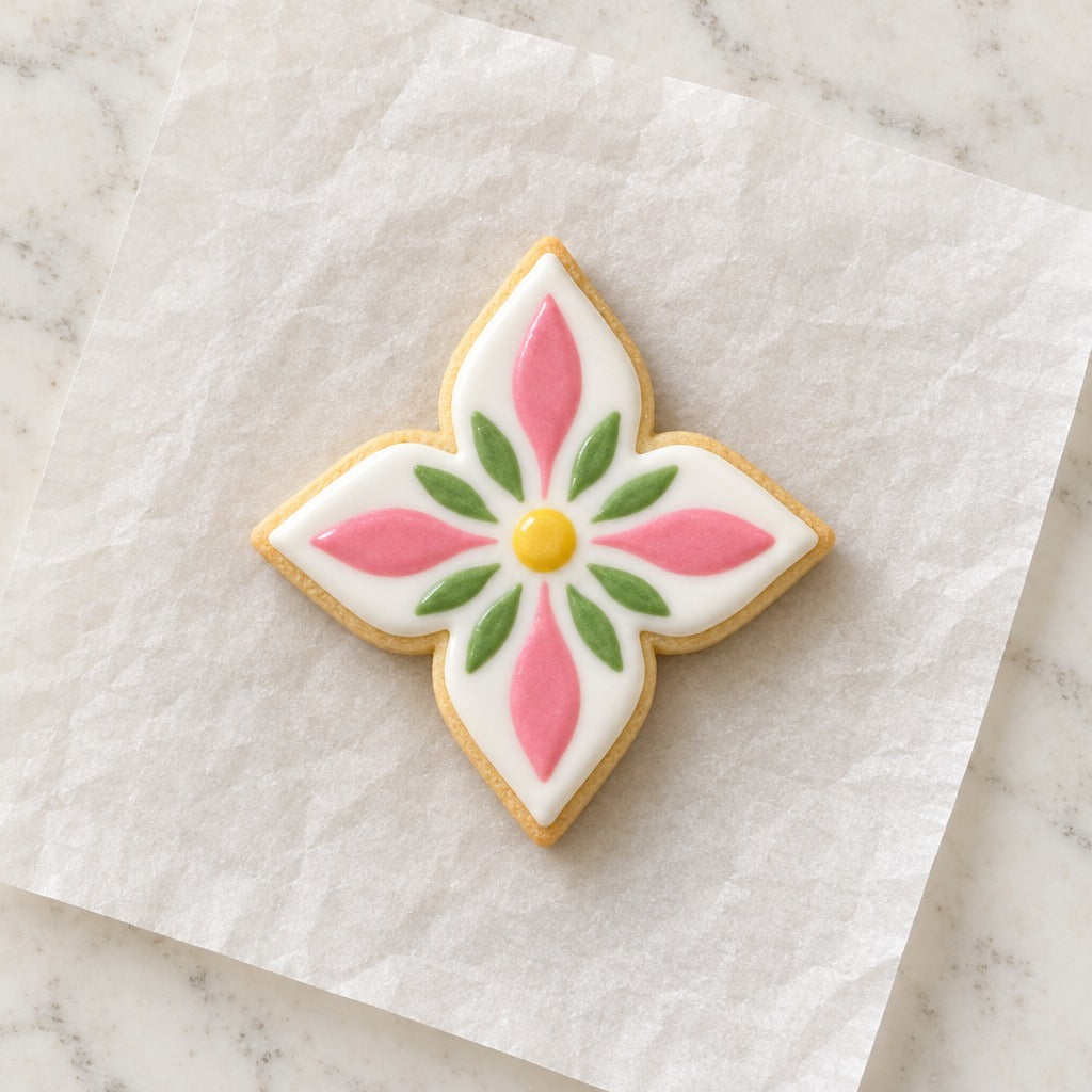 4 Point Floral Shape Cookie Cutter (decorated cookie mockup)