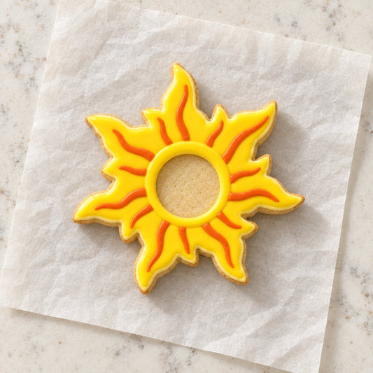 90s Style Sun Cookie Cutter (decorated cookie mockup)
