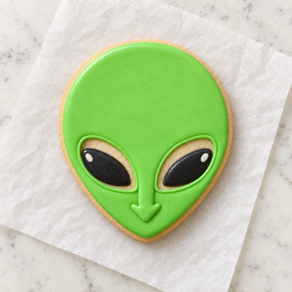 Alien Face Cookie Cutter (decorated cookie mockup)