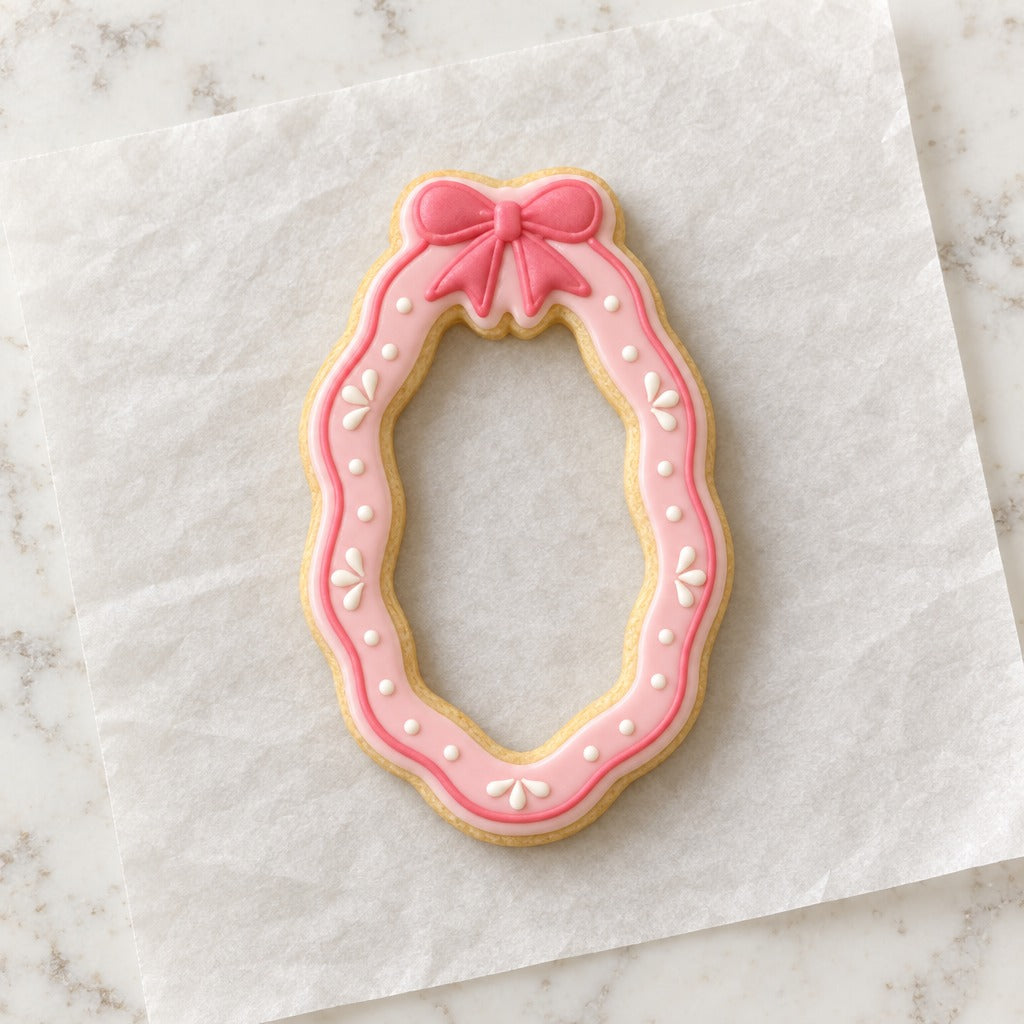 Anniversary Oval Bow Frame Cookie Cutter (decorated cookie mockup)