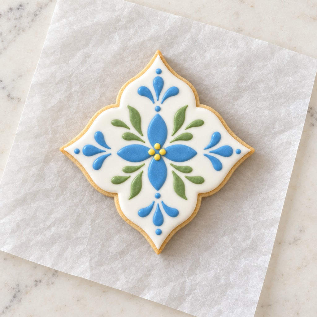 Arabesque Quatrefoil Cookie Cutter (decorated cookie mockup)