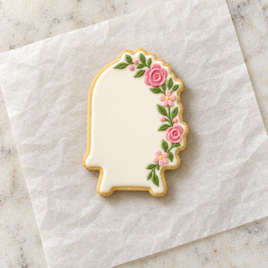Arched Floral Easel Cookie Cutter (decorated cookie mockup)