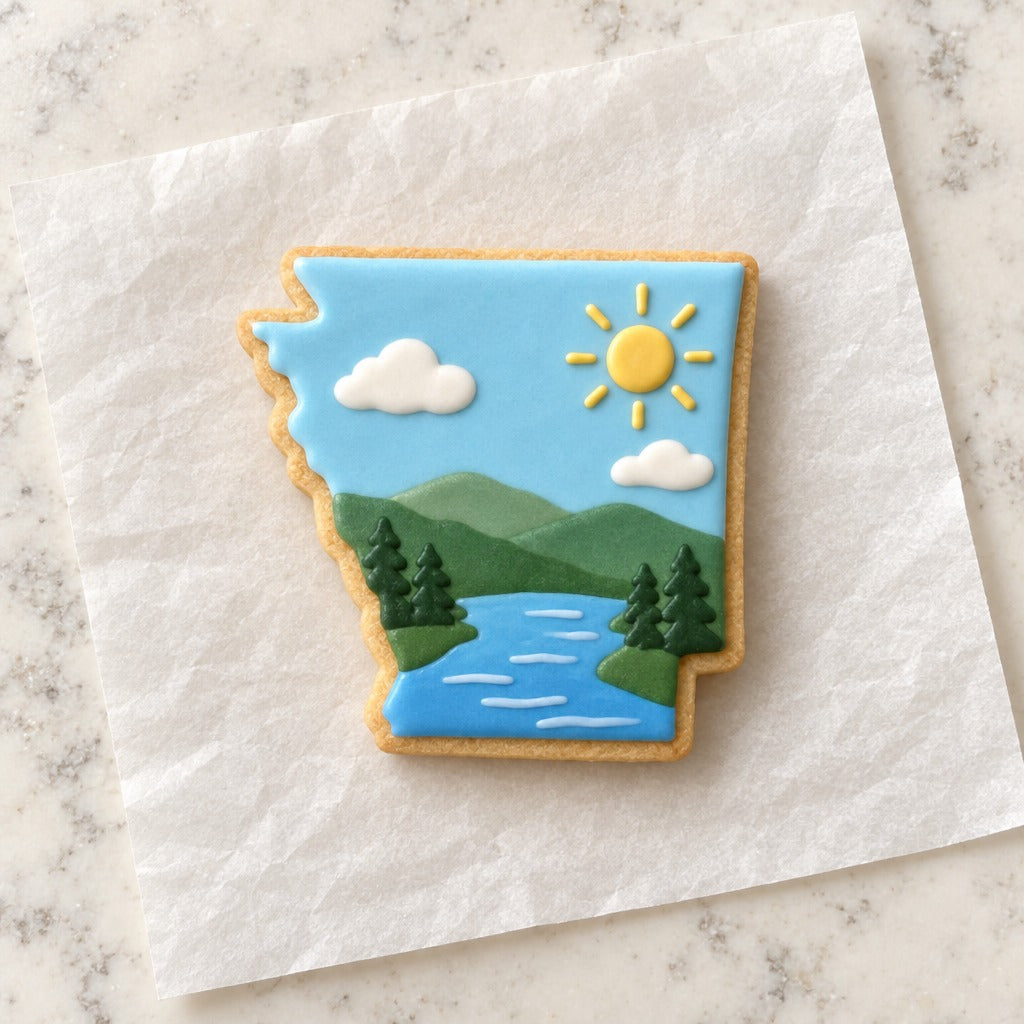 Arkansas Outline Cookie Cutter (decorated cookie mockup)