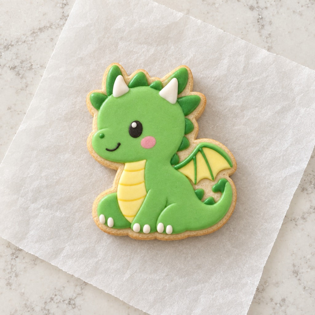Baby Dragon Outline Cookie Cutter (decorated cookie mockup)