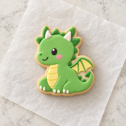 Baby Dragon Outline Cookie Cutter (decorated cookie mockup)