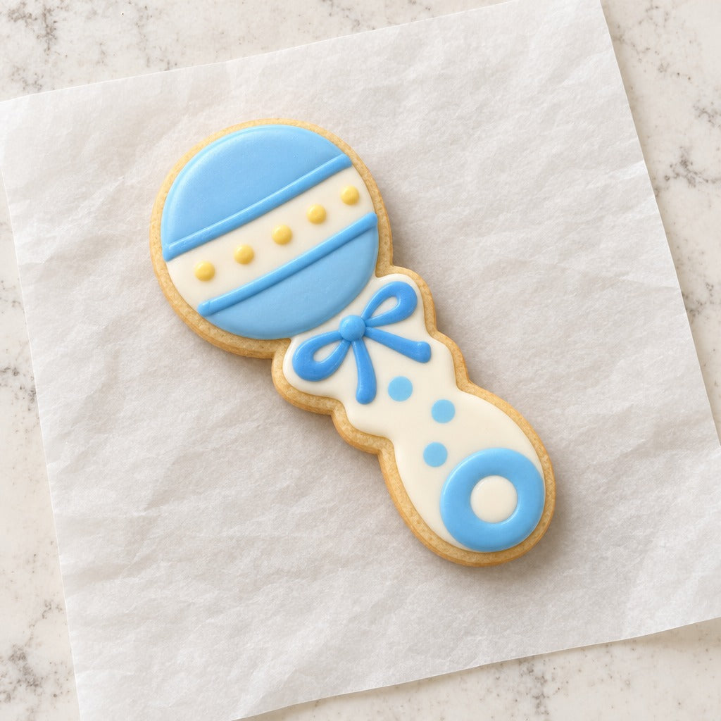 Baby Rattle Cookie Cutter (decorated cookie mockup)