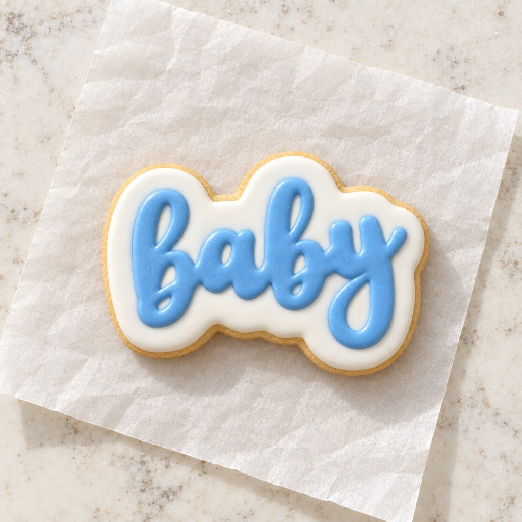 Baby Script Lettering Cookie Cutter (decorated cookie mockup)