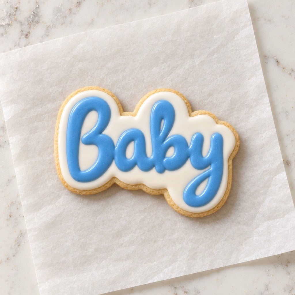 Baby Script Outline Cookie Cutter (decorated cookie mockup)