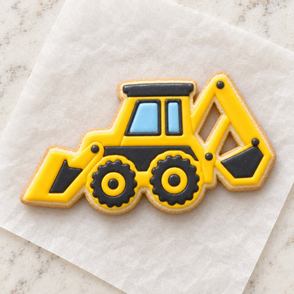 Backhoe Loader Cookie Cutter (decorated cookie mockup)