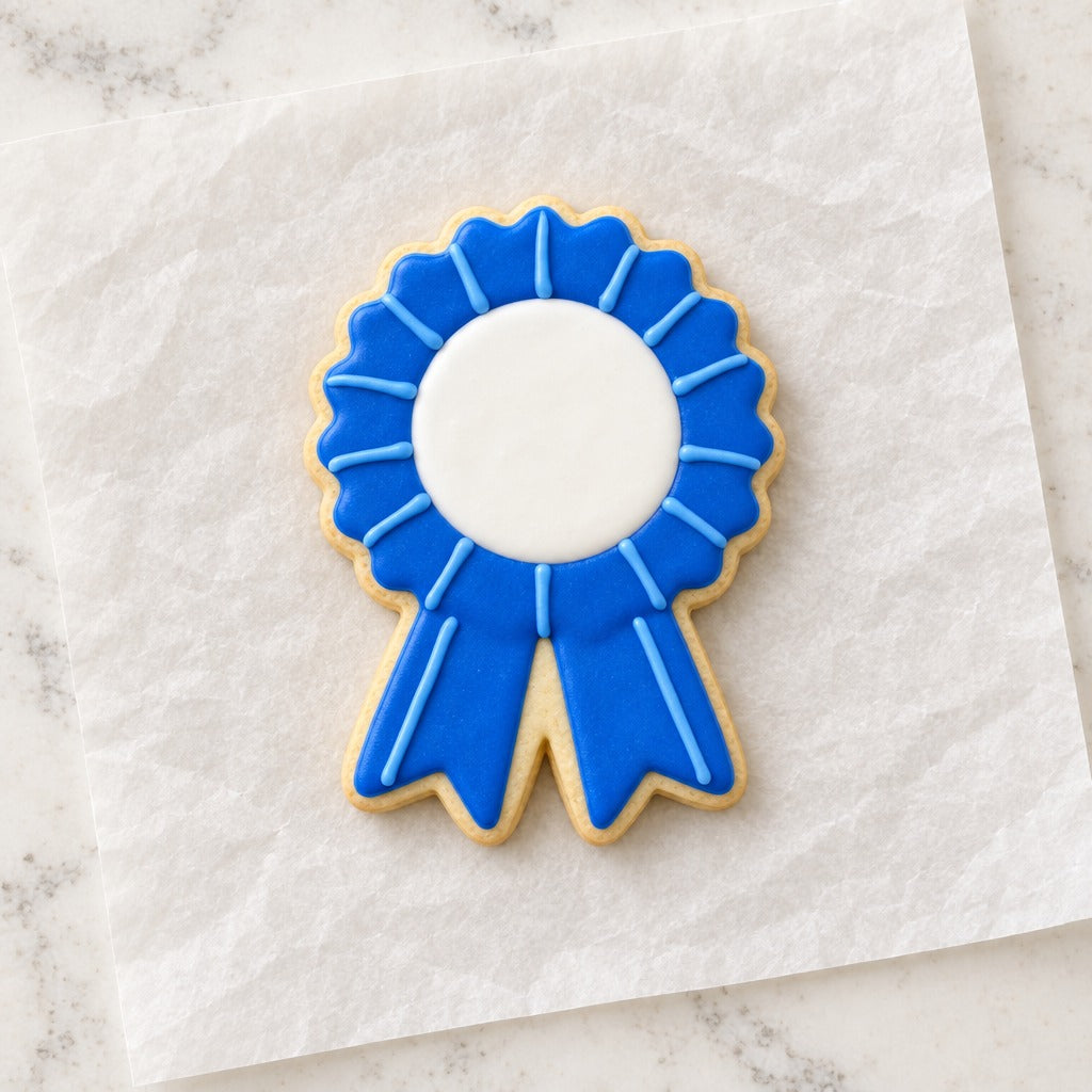 Blue Ribbon Outline Cookie Cutter (decorated cookie mockup)