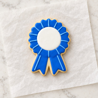 Blue Ribbon Outline Cookie Cutter (decorated cookie mockup)