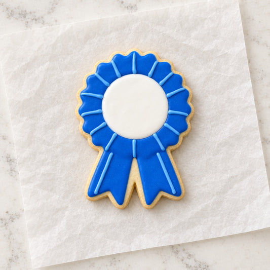 Blue Ribbon Outline Cookie Cutter (decorated cookie mockup)