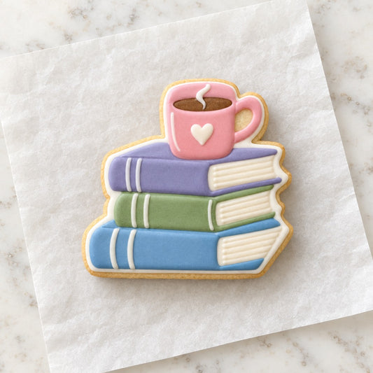 Book Stack Coffee Cookie Cutter (decorated cookie mockup)