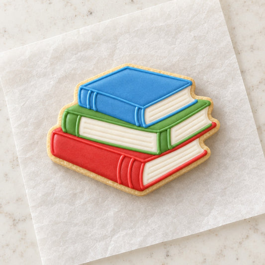 Book Stack Cookie Cutter (decorated cookie mockup)