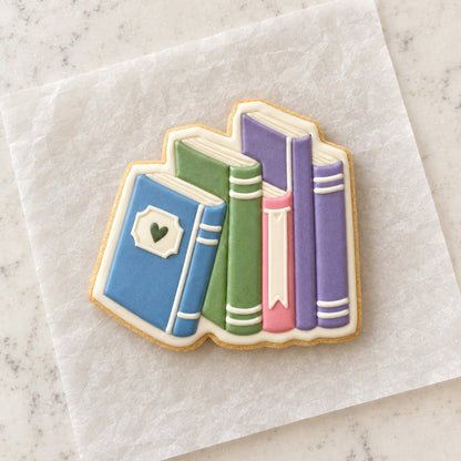 Book Stack Vertical Cookie Cutter (decorated cookie mockup)