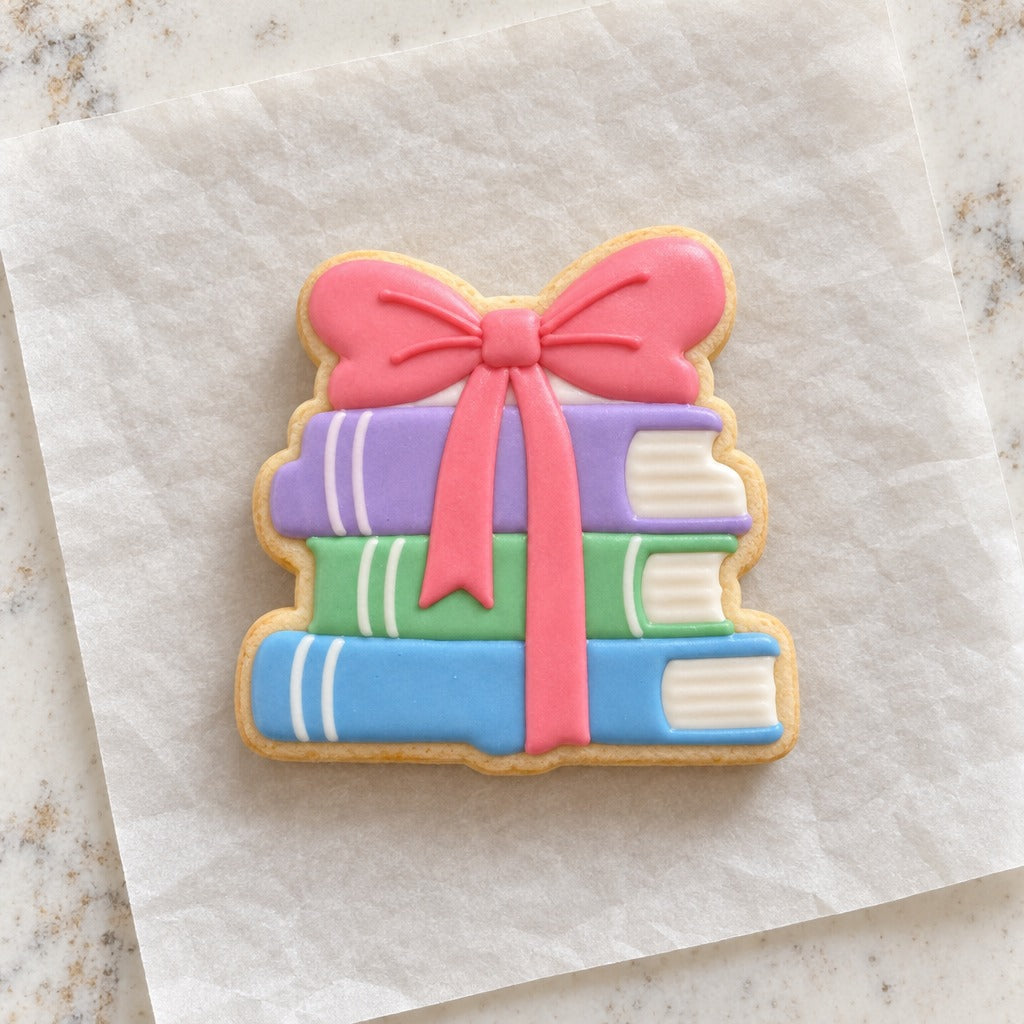 Book Stack with Bow Cookie Cutter (decorated cookie mockup)
