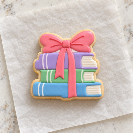 Book Stack with Bow Cookie Cutter (decorated cookie mockup)