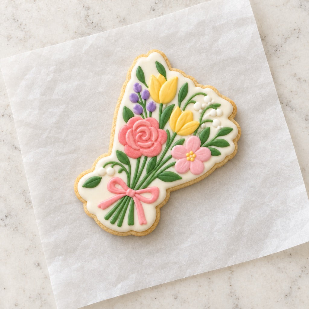 Bouquet Outline Cookie Cutter (decorated cookie mockup)