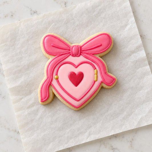 Bow Locket Outline Cookie Cutter (decorated cookie mockup)