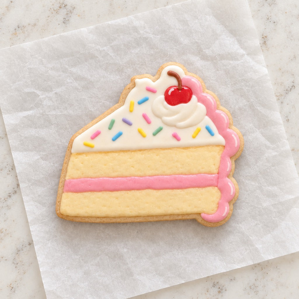 Cake Slice Outline Cookie Cutter (decorated cookie mockup)