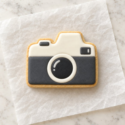 Camera Outline Cookie Cutter (decorated cookie mockup)