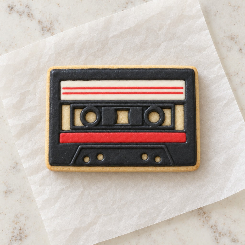 Cassette Tape Cookie Cutter (decorated cookie mockup)