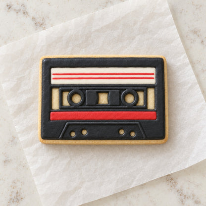 Cassette Tape Cookie Cutter (decorated cookie mockup)