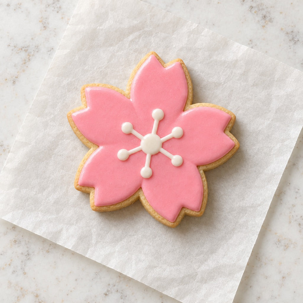 Cherry Blossom Floral Cookie Cutter (decorated cookie mockup)