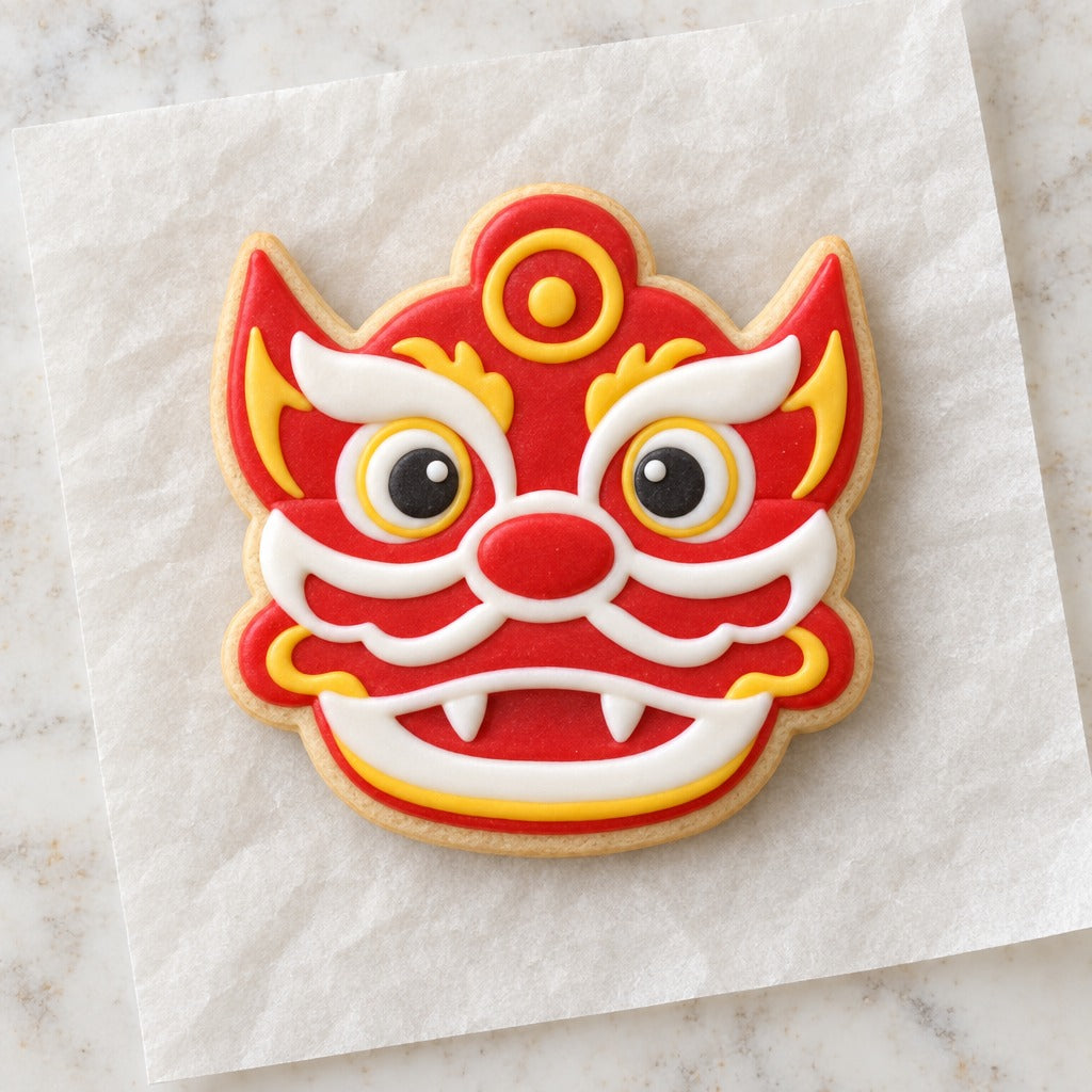 Chinese Dragon Face Cookie Cutter (decorated cookie mockup)