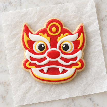 Chinese Dragon Face Cookie Cutter (decorated cookie mockup)