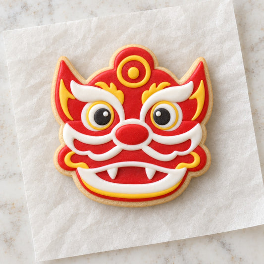 Chinese Dragon Face Cookie Cutter (decorated cookie mockup)