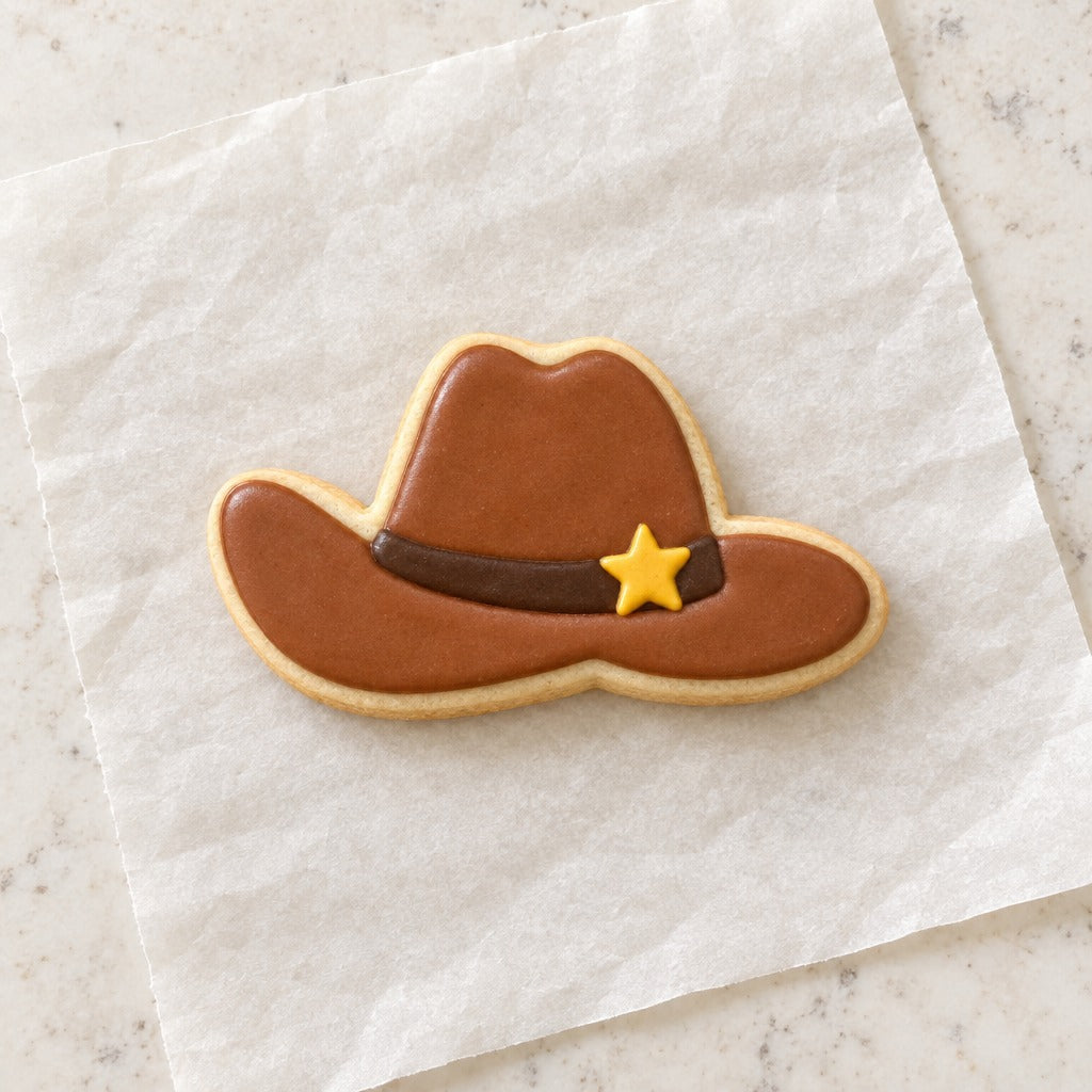 Cowboy Hat Outline Cookie Cutter (decorated cookie mockup)