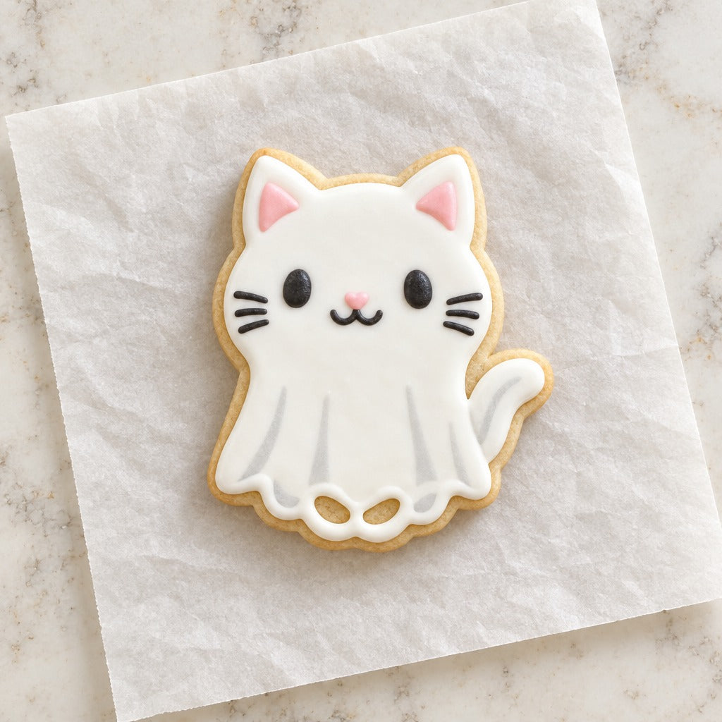 Cute Ghost Cat Cookie Cutter (decorated cookie mockup)