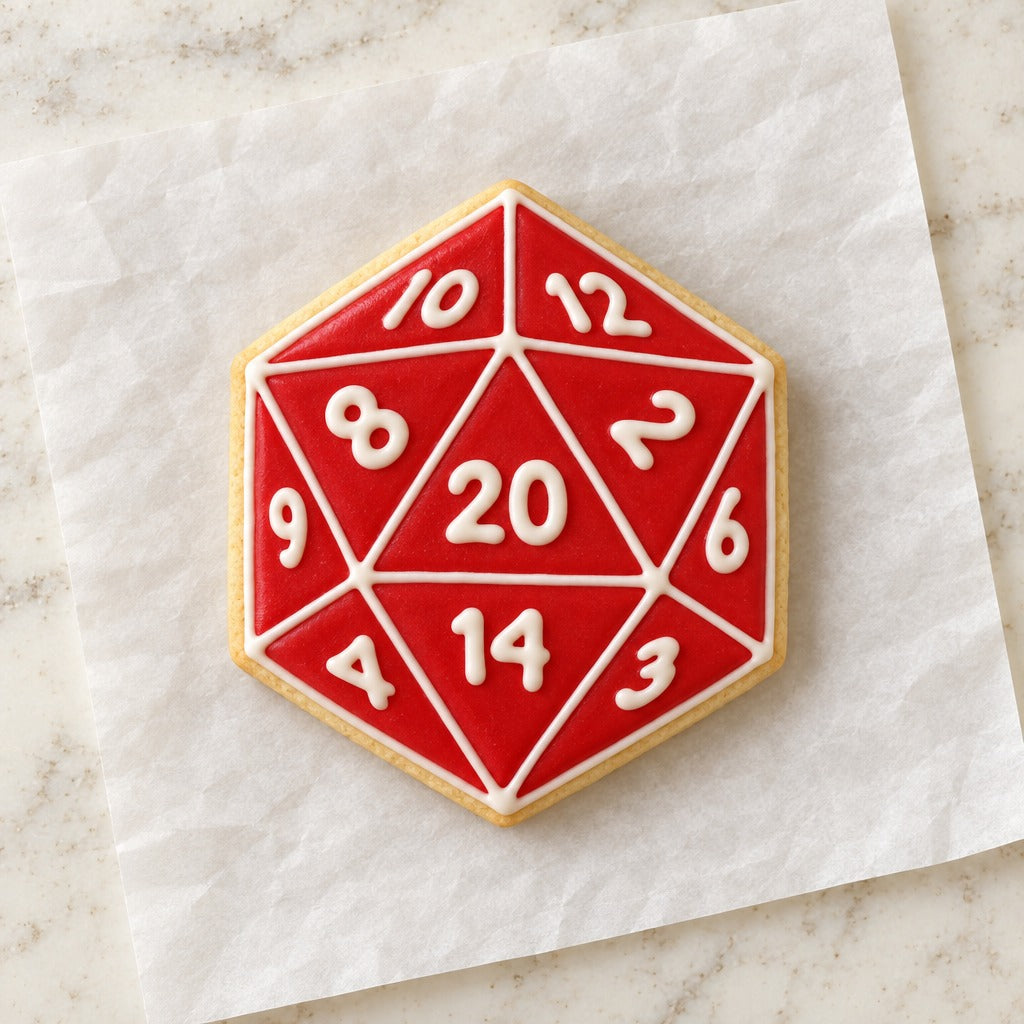 D20 Dice Cookie Cutter (decorated cookie mockup)