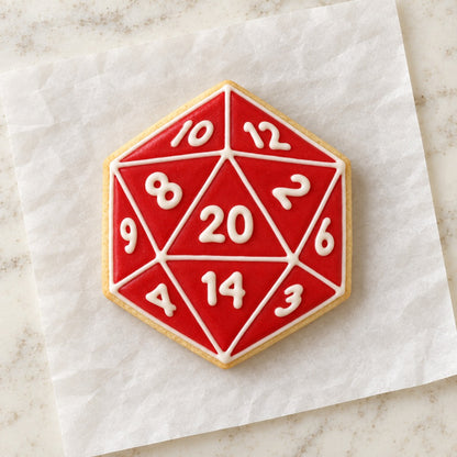 D20 Dice Cookie Cutter (decorated cookie mockup)