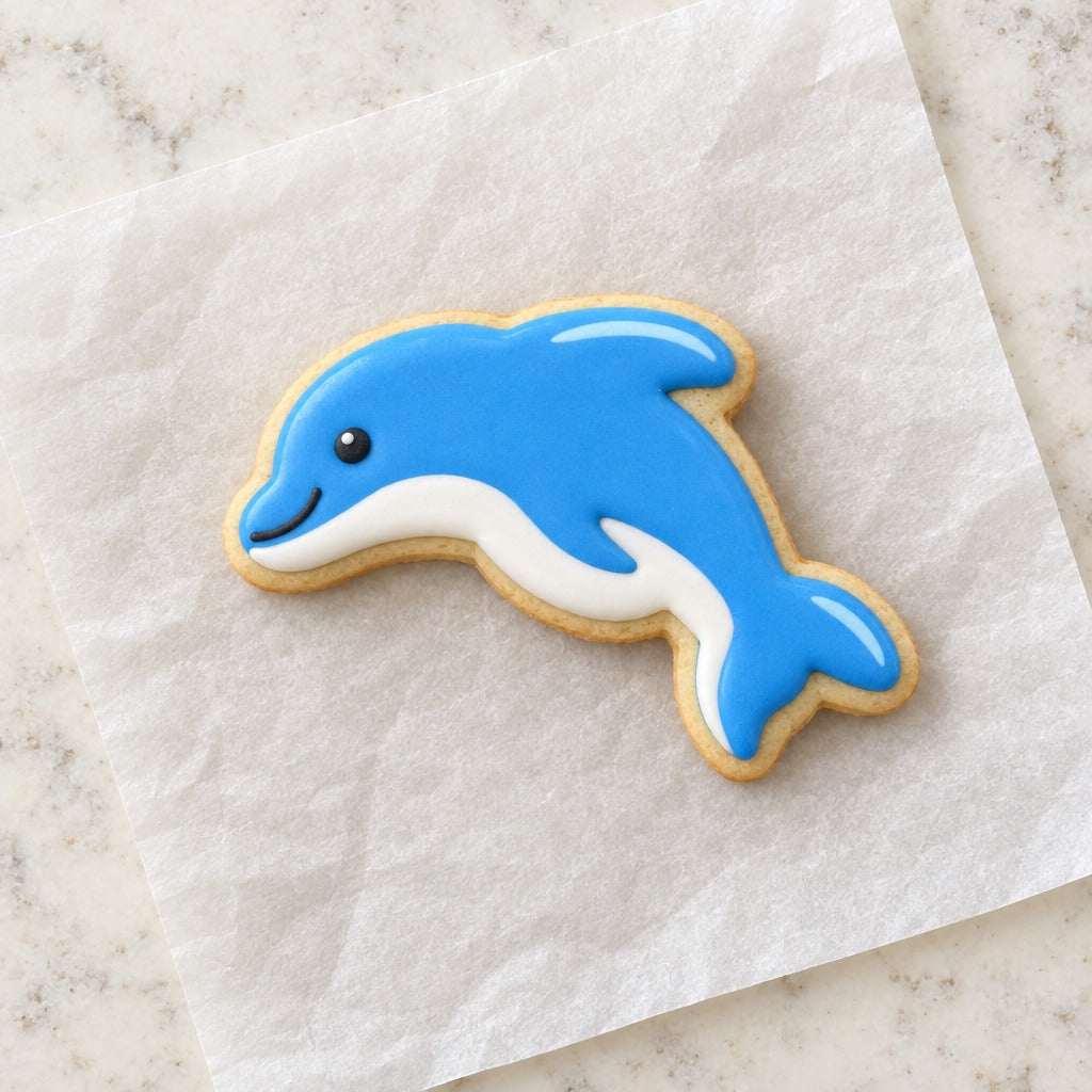 Dolphin Outline Cookie Cutter (decorated cookie mockup)