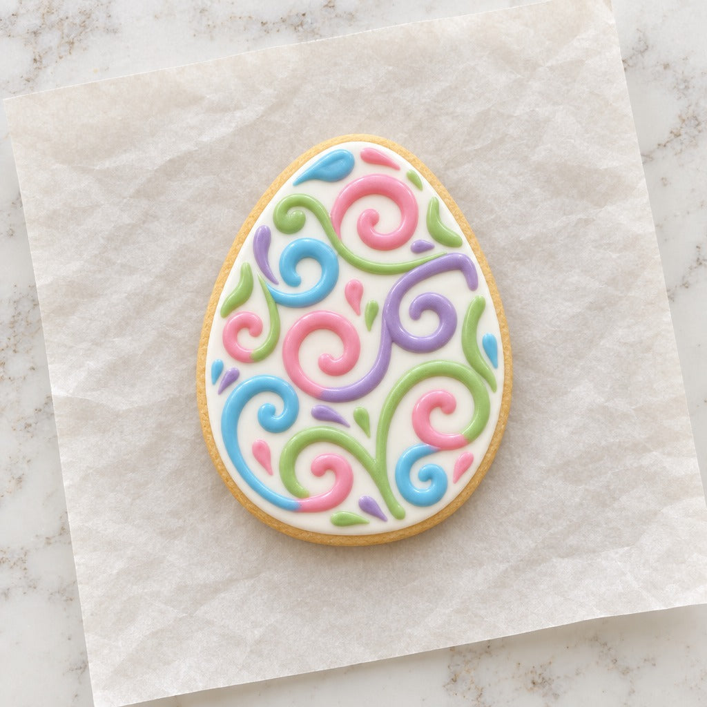 Easter Egg Swirl Cookie Cutter (decorated cookie mockup)