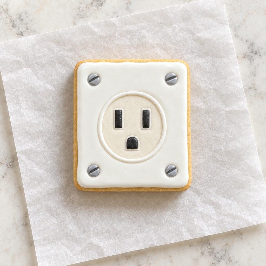 Electrical Outlet Cookie Cutter (decorated cookie mockup)