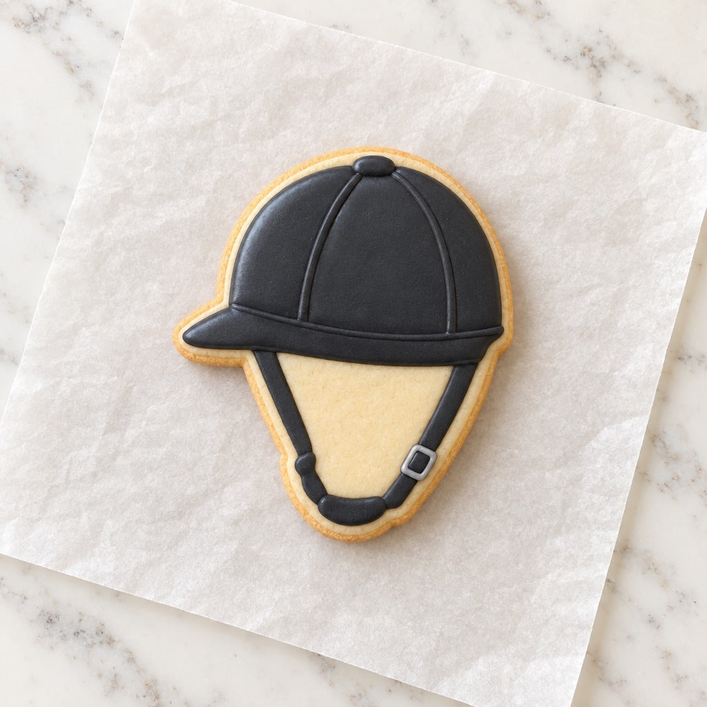 Equestrian Helmet Cookie Cutter (decorated cookie mockup)
