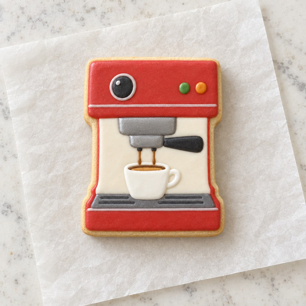 Espresso Machine Cookie Cutter (decorated cookie mockup)