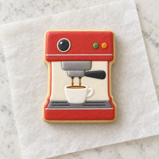Espresso Machine Cookie Cutter (decorated cookie mockup)