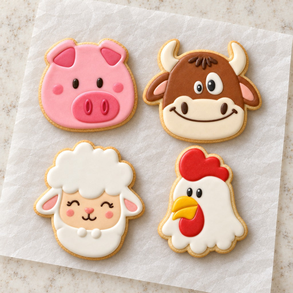 Farm Animal Faces Cookie Cutter Set (decorated cookie mockup)