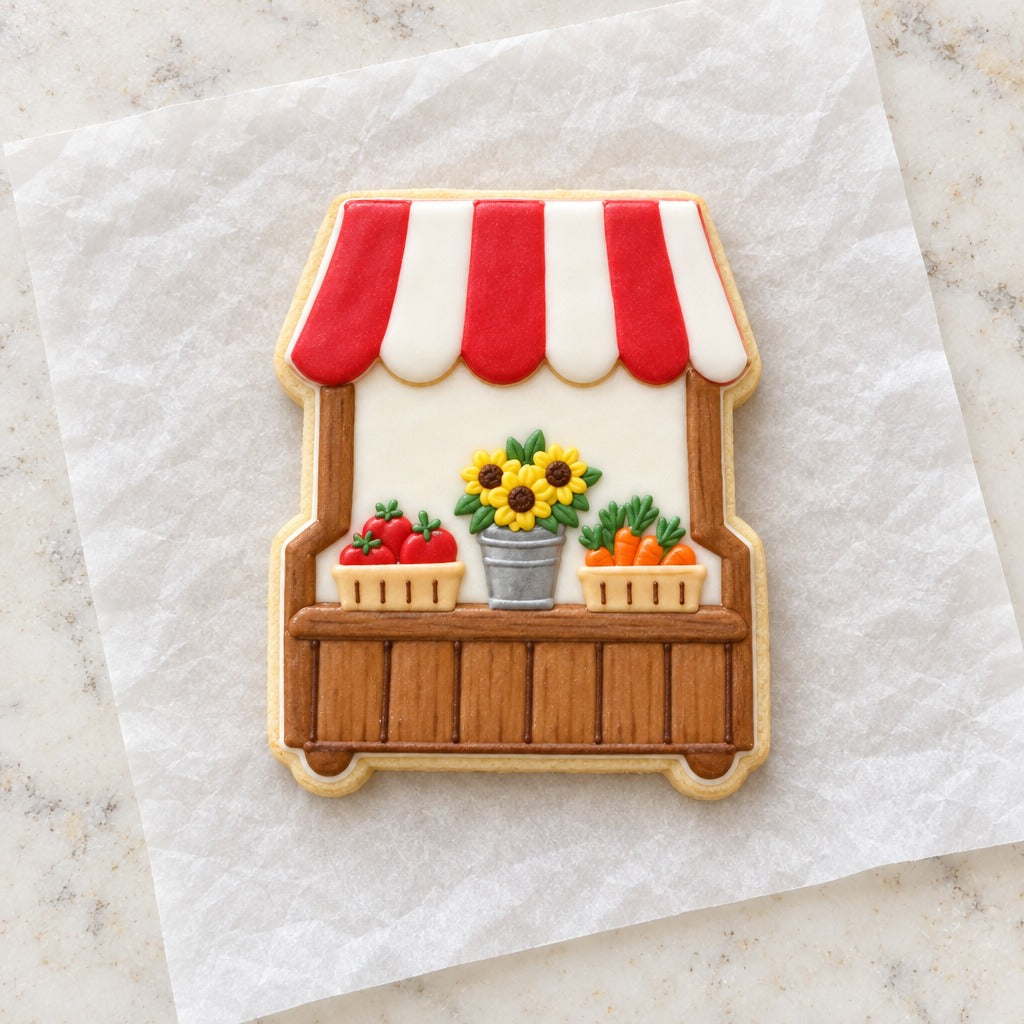 Farm Stand Outline Cookie Cutter (decorated cookie mockup)