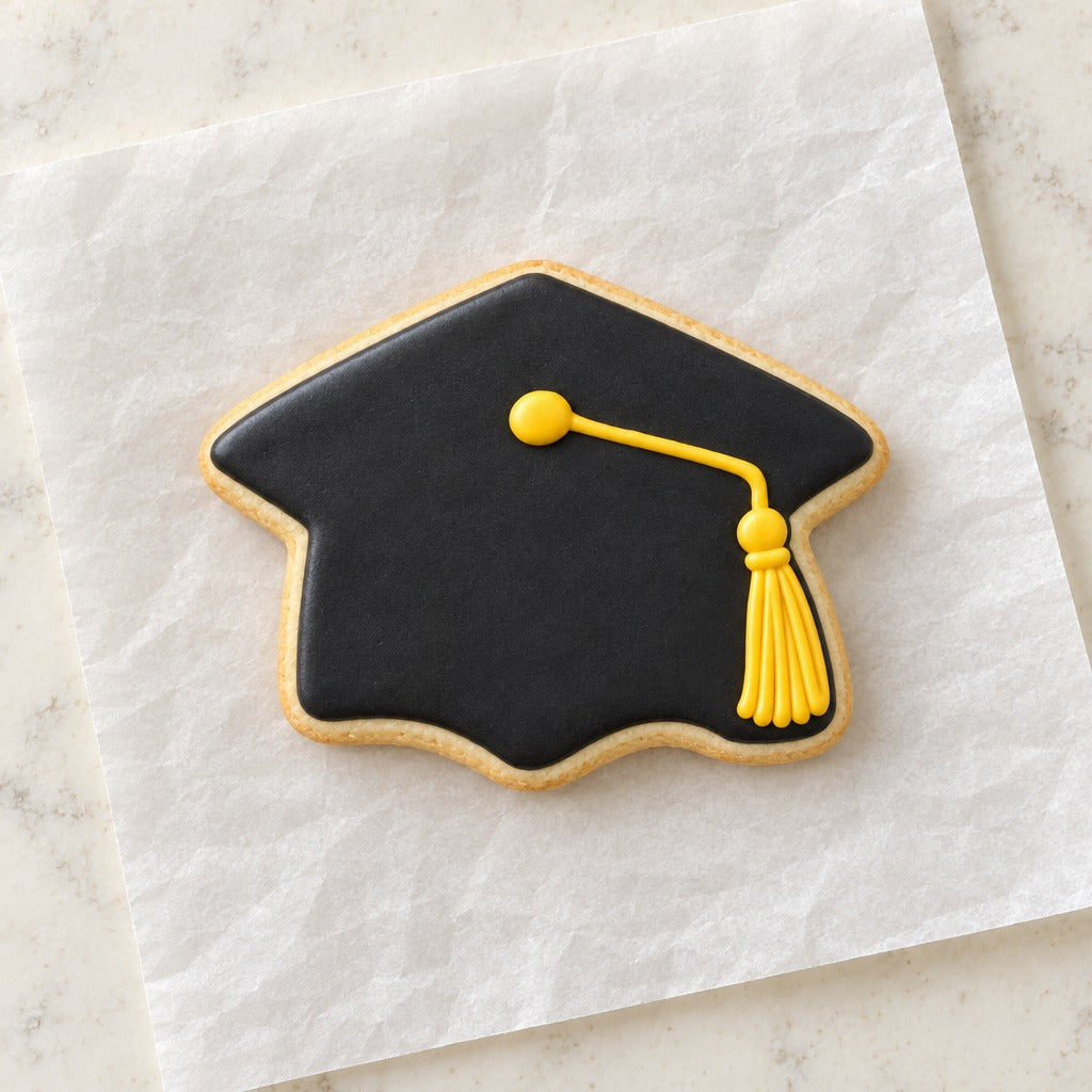 Fat Grad Cap Cookie Cutter (decorated cookie mockup)