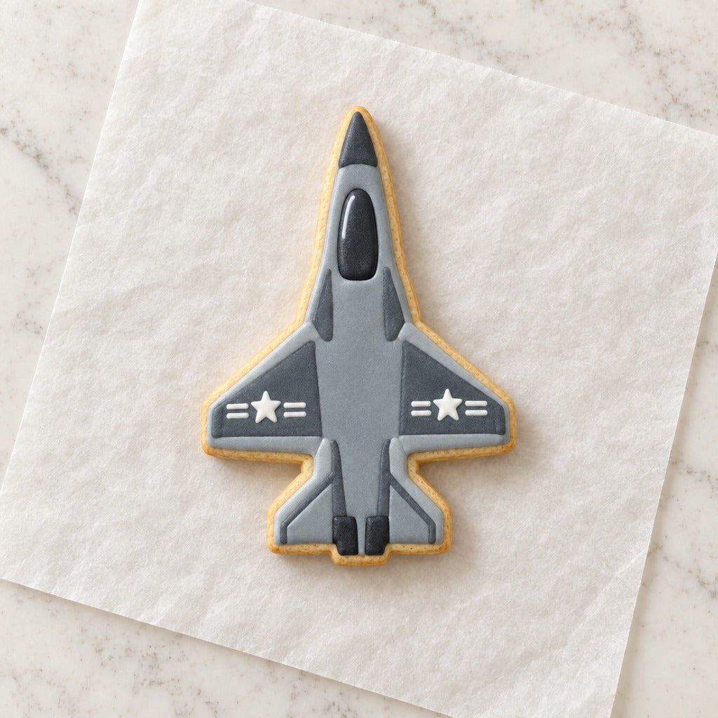 Fighter Jet Outline Cookie Cutter (decorated cookie mockup)