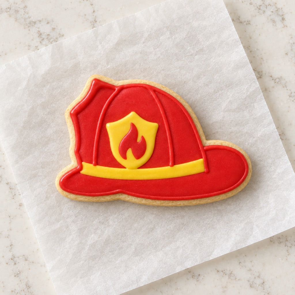 Firefighter Hat Cookie Cutter (decorated cookie mockup)