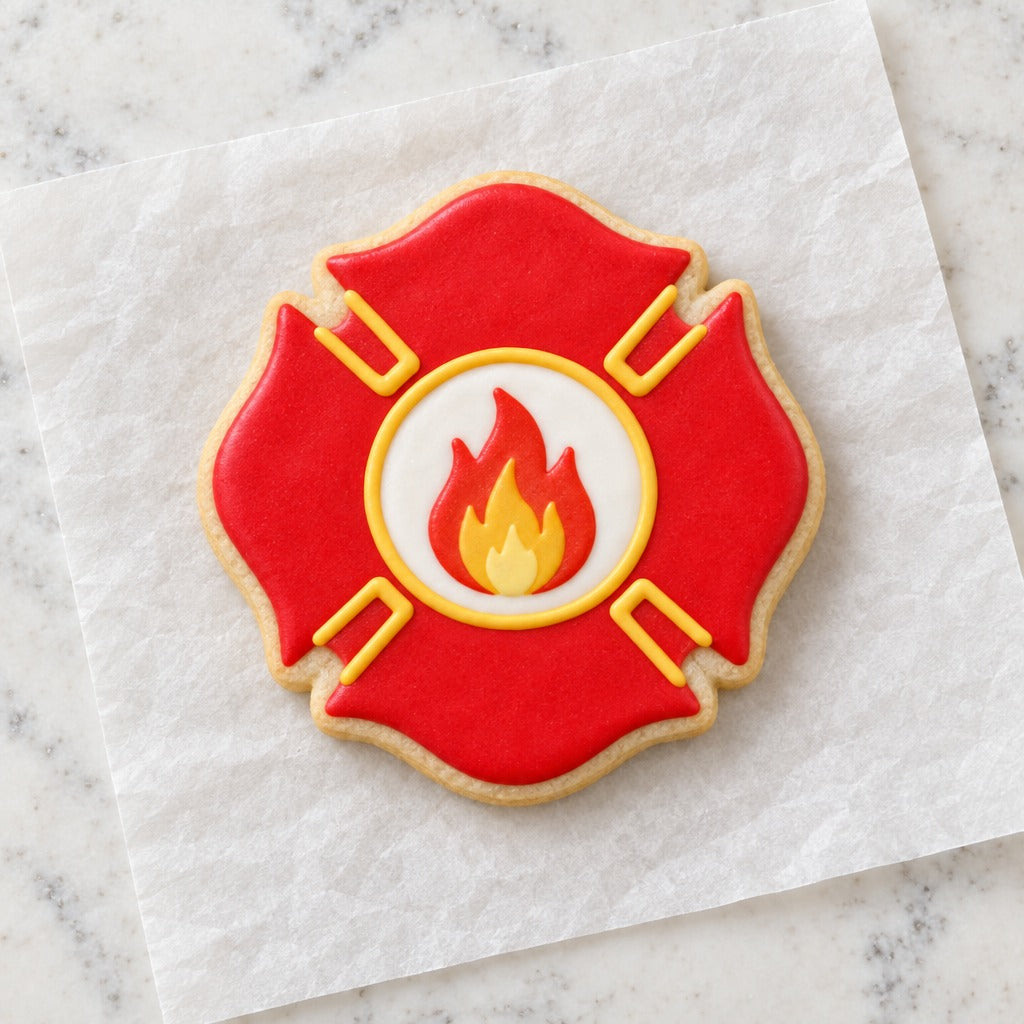 Fireman Symbol Outline Cookie Cutter (decorated cookie mockup)