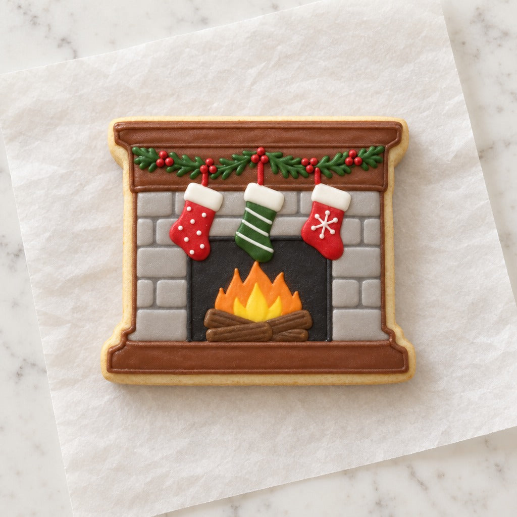 Fireplace Mantle Cookie Cutter (decorated cookie mockup)