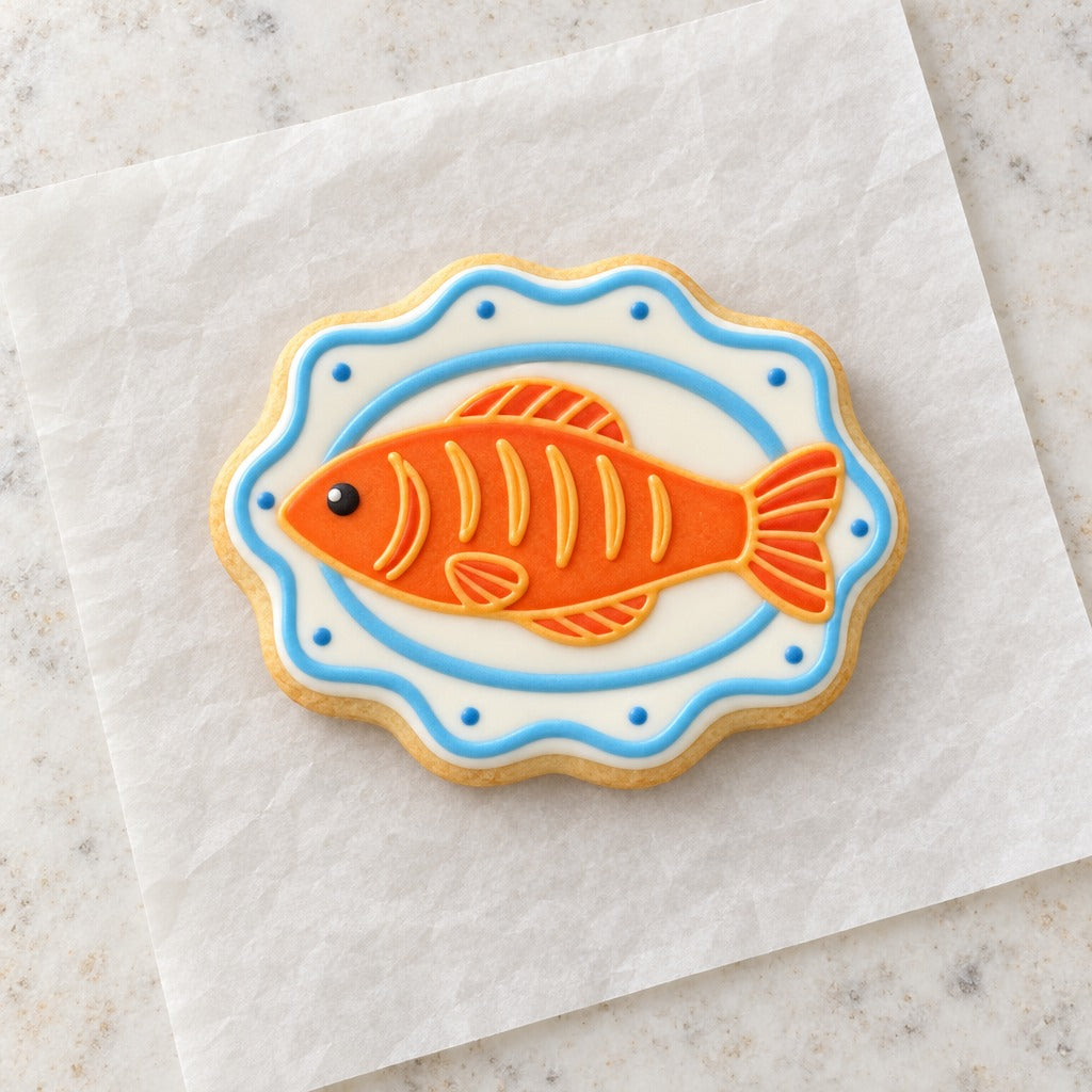 Fish Platter Cookie Cutter (decorated cookie mockup)