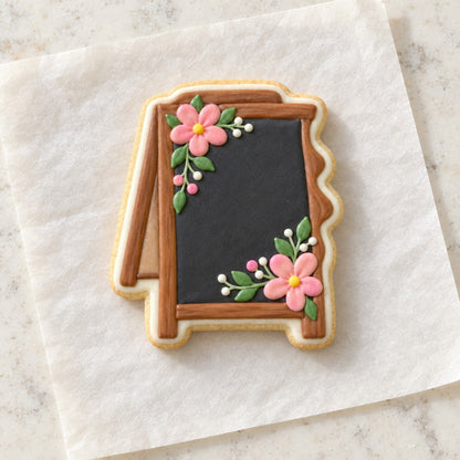 Floral A-Frame Sign Cookie Cutter (decorated cookie mockup)